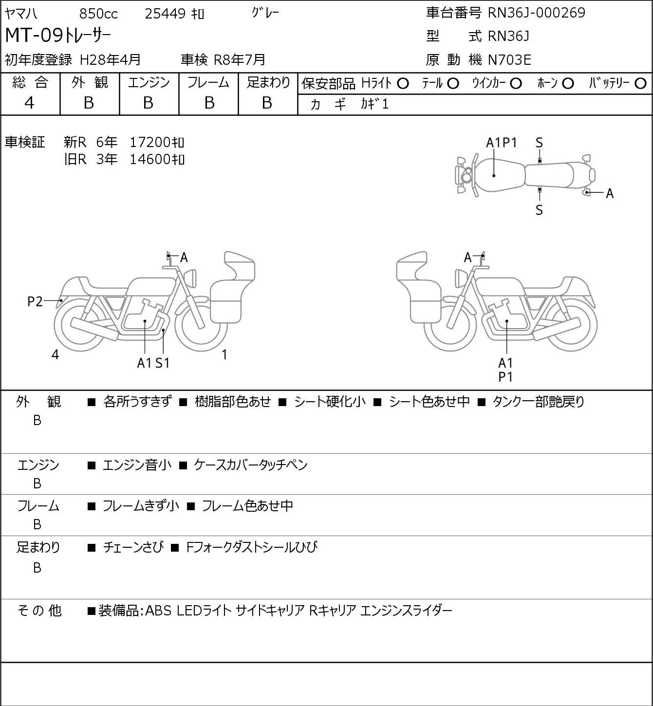 Аукционный лист Yamaha MT-09 2016
